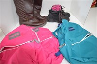 Three Back Packs & Two Pair Ladies  Boots