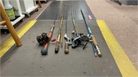 (5) fishing poles, different sizes, with (3)