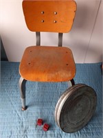 Vintage School Chair, Film Can & Cast Iron Dice