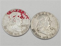 2- 1960 D Franilin Silver Half Dollar Coins