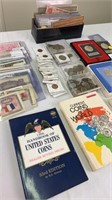 Assorted coins, foreign paper currency, tokens