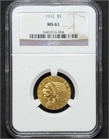 1912 $5 Indian Head Gold Half Eagle NGC MS61