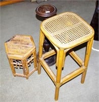 Two cane stools and a plant stand