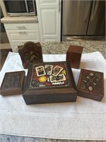 Vintage game lot in wooden boxes, playing cards,