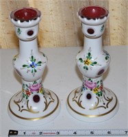 Bohemian ruby cased glass painted candlesticks