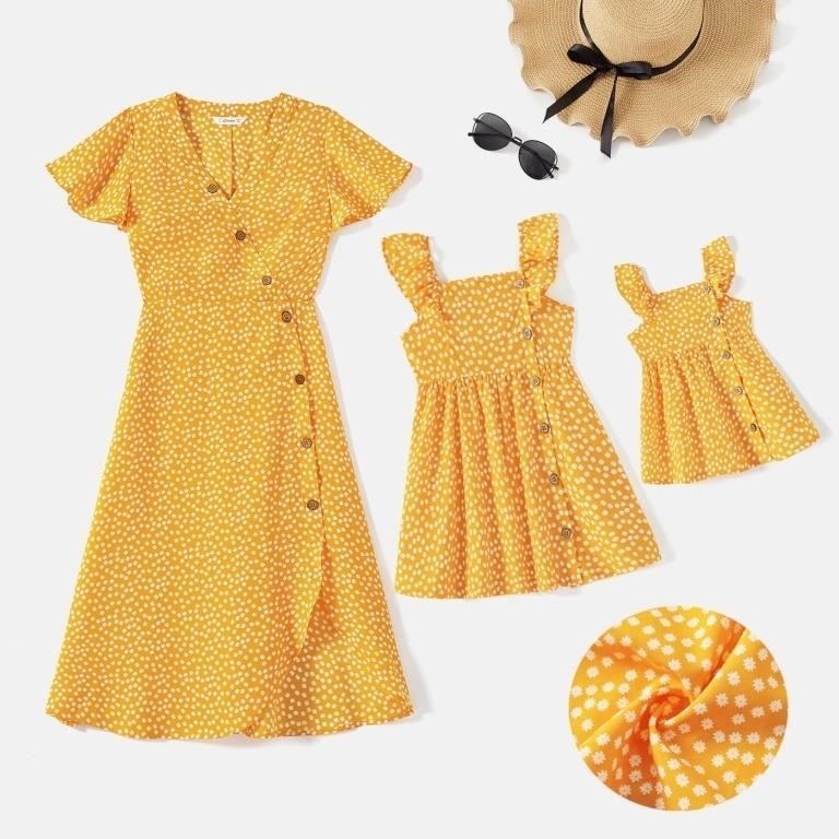 O582  PatPat Allover Print Yellow Dresses, Mommy a