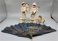 Assorted Asian Figurines and Fan