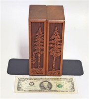 Vtg WALNUT WOOD LASERCRAFT ENGRAVED TREE BOOKENDS