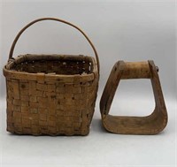 Primitive Wicker Basket & Wooden Stirrup