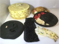 Three wide brimmed vintage hats in floral h