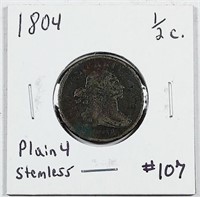 1804  Plain 4 Stemless  Half Cent   AG