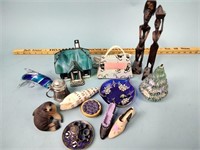 Glass dolphin, seal, ceramic shoes, wooden art,