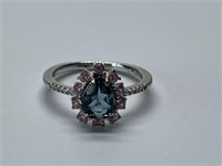 STERLING SILVER RING WITH TOPAZ AND PINK STONES