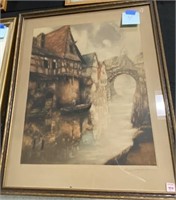 Old Lithograph of Canal & Houses, signed
