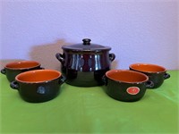 Ceramic Soup Pot w Lid + 4 Bowls Italy