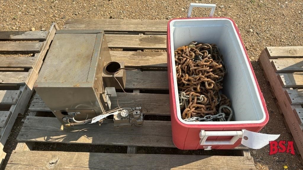 Tub of Misc Chains & Small Heater