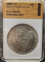 1888-O Morgan Silver Dollar SGS Slabbed (MS65)