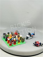 16- LEGO men + 2 motorcycles w/men