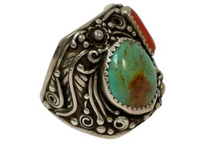 BOLD TURQUOISE, CORAL, AND NAVAJO STERLING RING