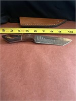 8 inch Damascus steel knife with leather case