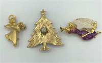 Lot of 3 Vintage Christmas Angels & Tree Brooches