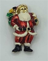 Vintage Enamel Santa w/ Toy Sack 2” Brooch