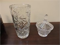 Pinwheel crystal vase & crystal covered dish