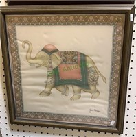 Framed silk scarf - Indian elephant. Signed  by