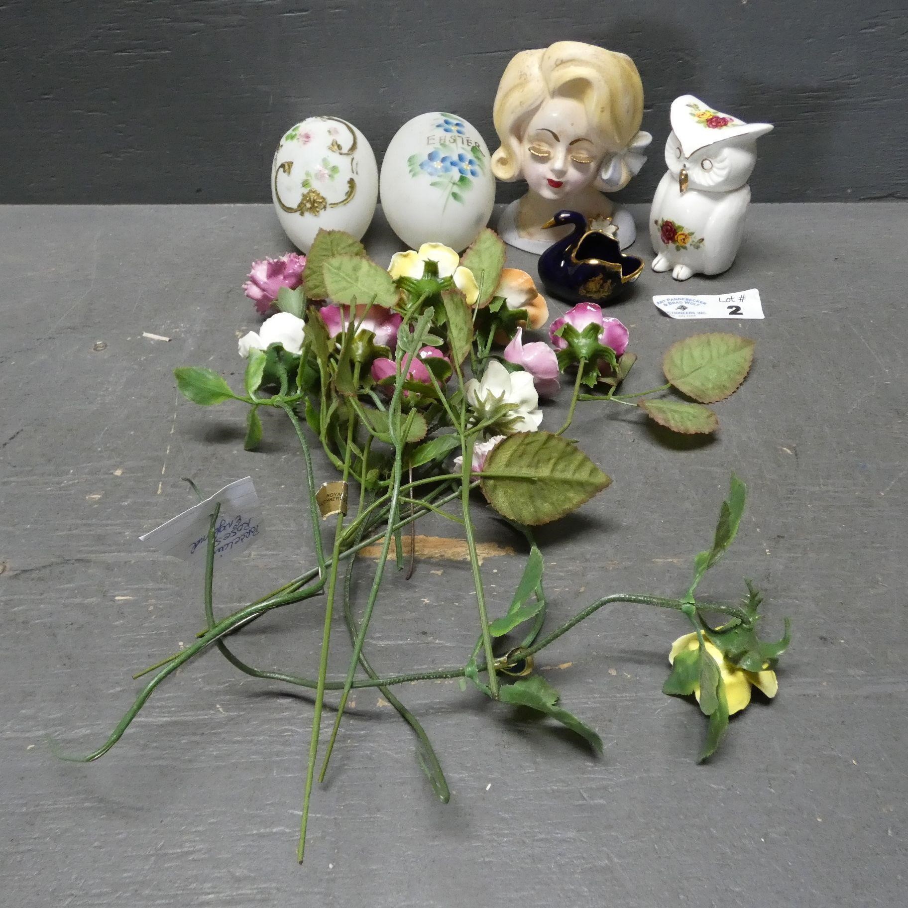 Lady Head Vase, Blown Glass Eggs, Flowers - Etc