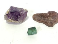 Polished Stone Ashtray & 2 Raw Mineral Specimens