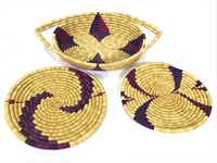 2 Coiled Straw Plates & Basket w/ Handles