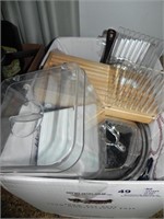 Box Lot of Bread Slicing Guide, Pans, Lids, Etc.