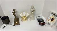 Brass candle holders, ceramic angel, other