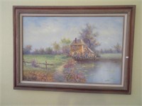 Framed Painting, Cottage by pond, by Martin