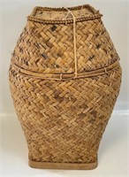 GREAT VINTAGE BOHO RATTAN COVERED BASKET