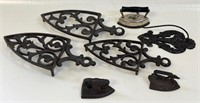 GOOD ORNATE CAST TRIVETS - HOOKS & SAD IRON LOT