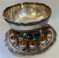 MASSIVE SILVER PLATE FOOTED PUNCH BOWL SET W TRAY