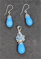 Sterling Silver Turquoise & Topaz Pendant & Earrin