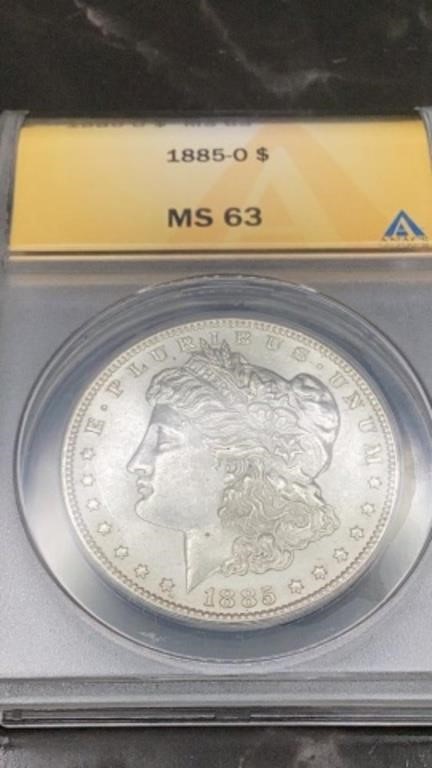 1885–0 MS 63 Morgan, silver dollar coin