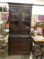 Antique Barrel Top Desk with Glass Front Bookcase