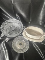 Clear Pressed Glass Compote, Bowl, & Ceramic Boat