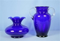 Two Cobalt Blue Vases 9.75" & 6.25" High