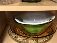 contents of shelf glass bowl, platters etc