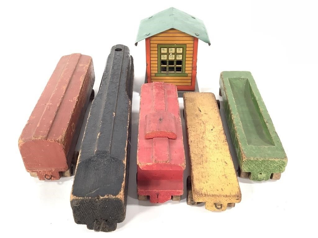 5 Pc Wood Toy Train + Metal American Flyer Bldg