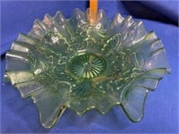 9" Green Glass Ruffle Dish Uranium Vaseline