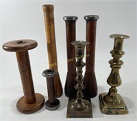 Vintage Wooden & Brass Candle Holders