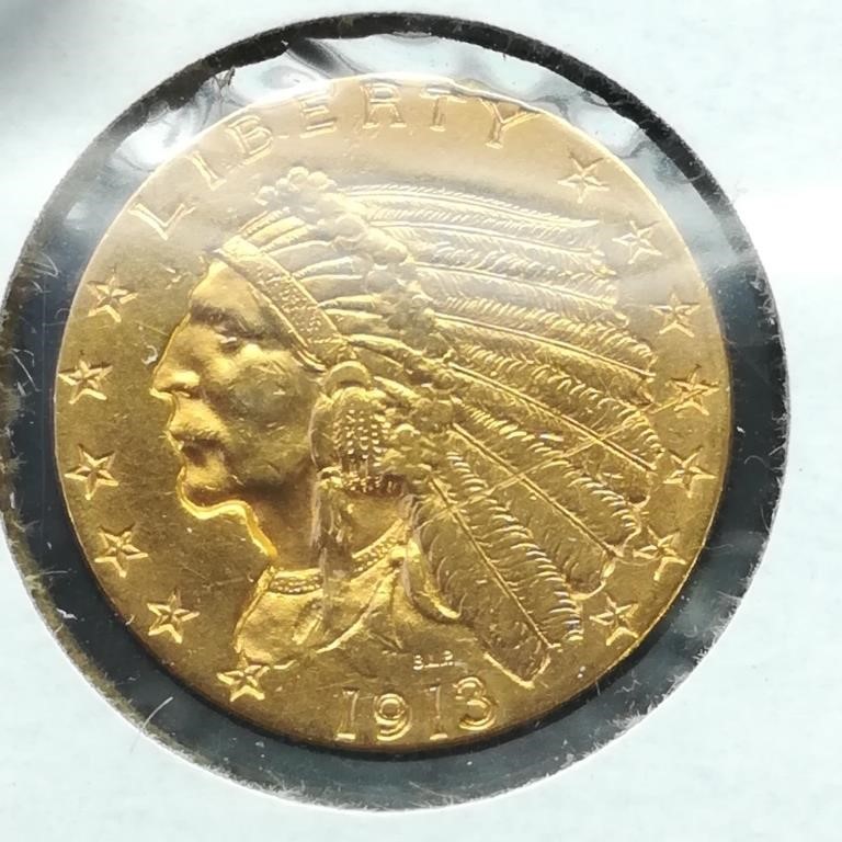 1913 Indian Head $2 1/2 Gold Coin AU CoinSnap