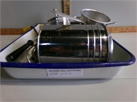 Blue and White enamel pan with kitchen items