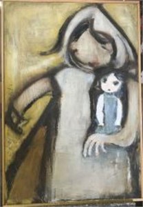 Katherine Langley GIRL WITH DOLL Oil on Board