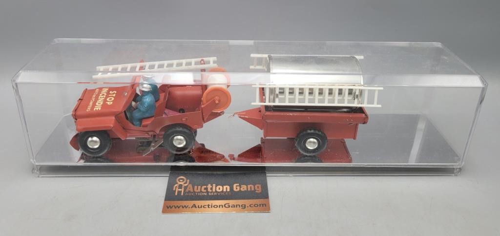 Tin Wind Up Fire Truck & Display Box